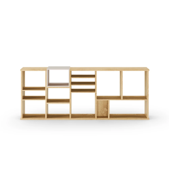 Oslo horizontal bookcase in natural oak, pearl lacquered module, 180 x 70 cm.