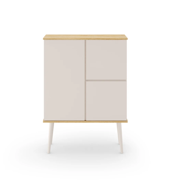 Vajillero Oslo 3 puertas y pies lacados perla, estructura en roble natural, 100 x 138,5 cm.