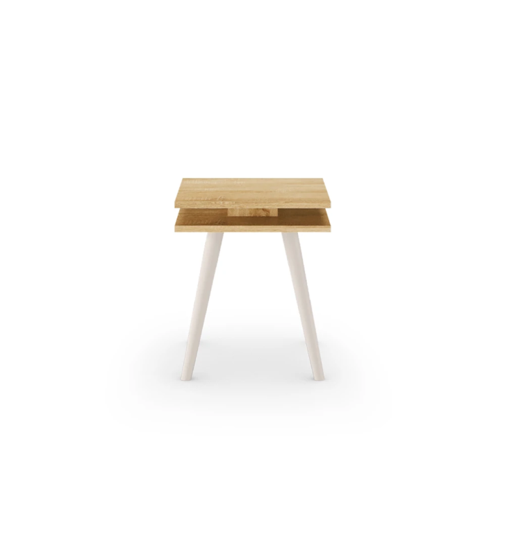 Square side table, with two natural colored oak tops and pearl lacquered turned legs.