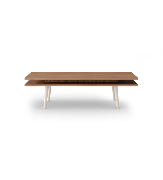 Table basse Oslo rectangulaire, 2 plateaux en noyer et pieds laqués perle, 120 x 60 cm.