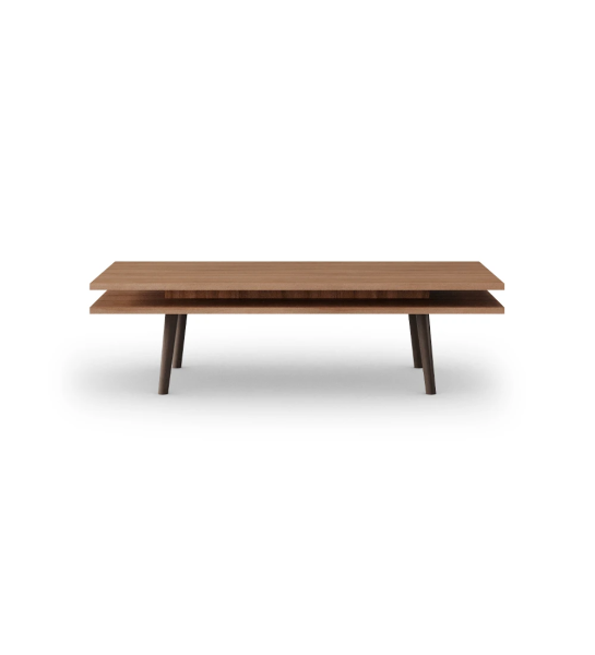 Oslo rectangular center table, 2 walnut tops and dark brown lacquered feet, 120 x 60 cm.