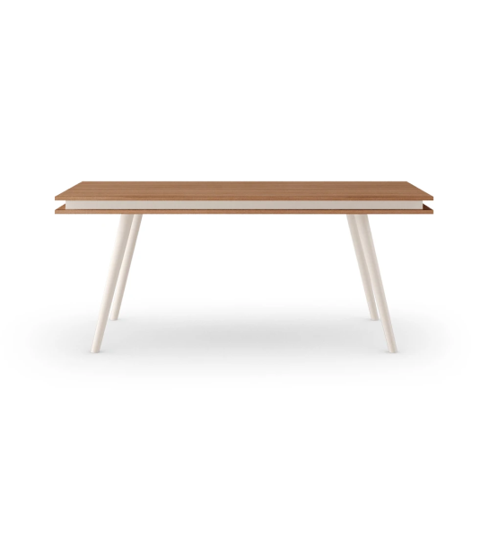 Mesa de jantar extensível Oslo retangular, 180(230) x 100 cm, tampo em nogueira, pés lacados a pérola.