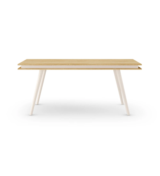 Mesa de jantar extensível Oslo retangular, 180(230) x 100 cm, tampo em carvalho cor natural, pés lacados a pérola.