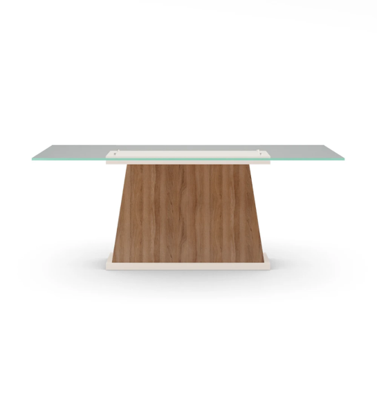 Oslo rectangular dining table 200 x 98 cm, glass top, walnut central foot and pearl lacquered base.