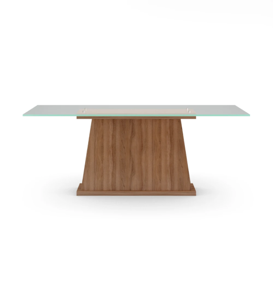 Oslo rectangular dining table 200 x 98 cm, glass top, walnut central foot.