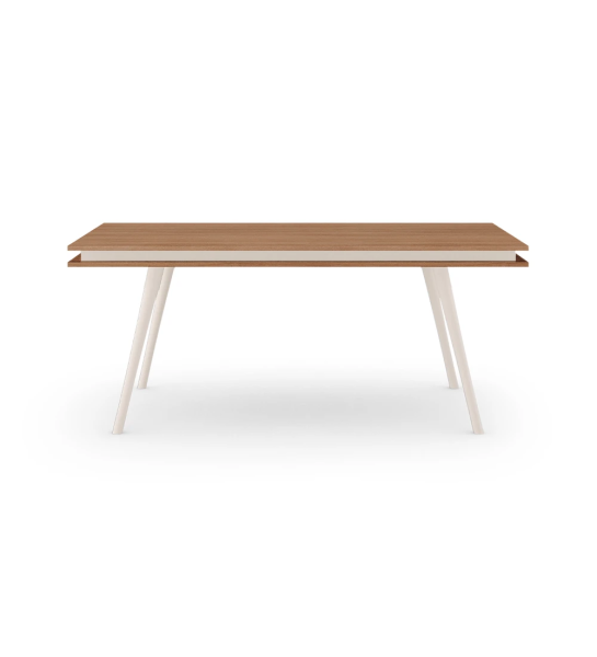 Table de repas rectangulaire Oslo 180 x 100 cm, plateau en noyer et pieds laqués perle.