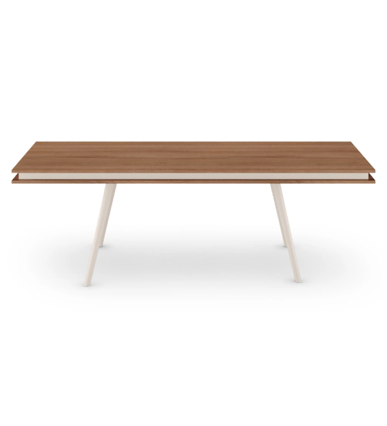 Table de repas rectangulaire Oslo 240 x 100 cm, plateau en noyer et pieds laqués perle.