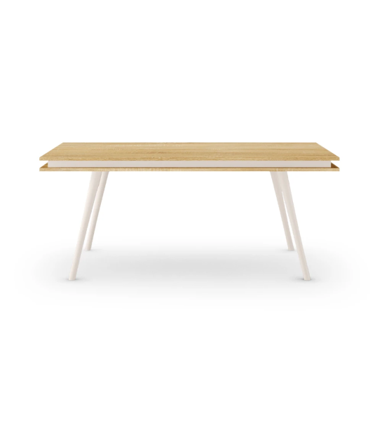 Mesa de jantar Oslo retangular 180 x 100 cm, tampo em carvalho cor natural e pés lacados a pérola.