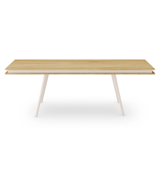 Mesa de jantar Oslo retangular 240 x 100 cm, tampo em carvalho cor natural e pés lacados a pérola.