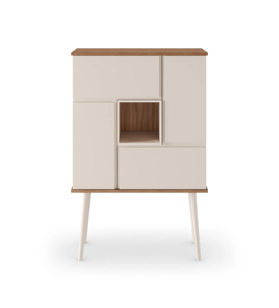 Meuble bar Oslo avec structure en noyer, portes, module et pieds laqués perle, 92 x 141,2 cm.
