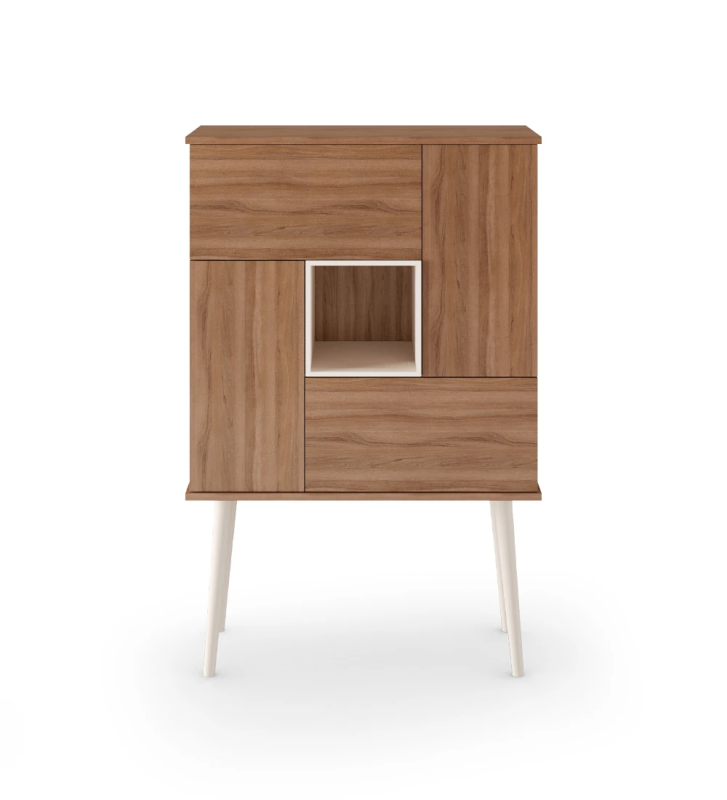 Bar cabinet in walnut, pearl lacquered module and turned legs.