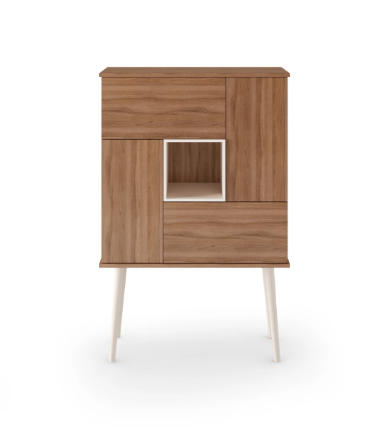 Meuble bar Oslo en noyer, module et pieds laqués perle, 92 x 141,2 cm.