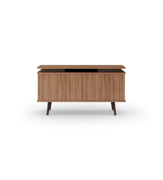 Móvel TV Oslo 2 portas e estrutura em nogueira, pés lacados a castanho escuro, 120 x 58,8 cm.
