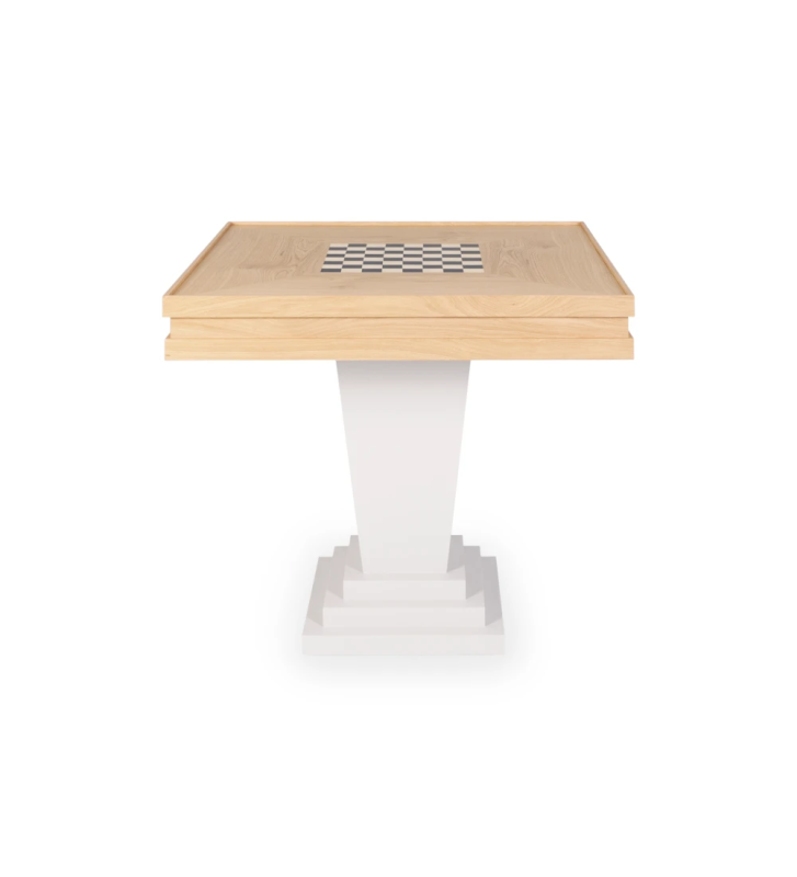 Game table with natural oak top and pearl lacquered foot.
