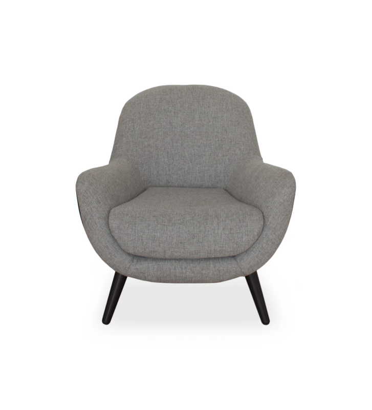 Oslo armchair upholstered in gray fabric, dark brown lacquered feet.