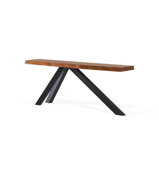 Console with ash wood top, black lacquered metal foot
