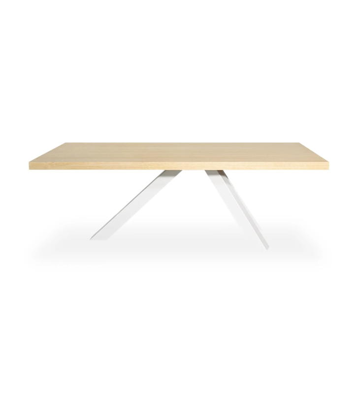 Rectangular dining table with natural oak top and pearl lacquered metal legs.