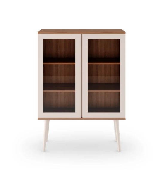 Oslo Showcase with 2 pearl lacquered doors with glass, walnut structure and shelves, pearl lacquered feet, 100 x 138,5 cm.