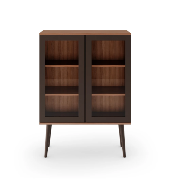 Oslo Showcase with 2 dark brown lacquered doors with glass, walnut structure and shelves, dark brown lacquered feet, 100 x 138,5 cm.