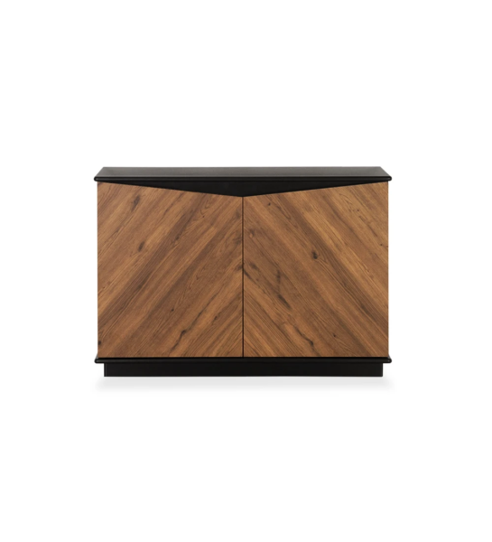 Shoes cabinet with 2 doors and aged oak frame, black lacquered baseboard and detail.