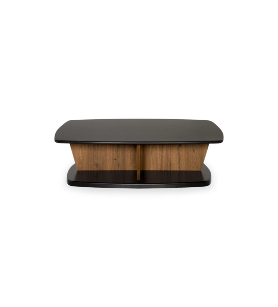 Table basse Veneza rectangulaire, structure en chêne vieilli, plateau et pied laqué noir, 110 x 70 cm.
