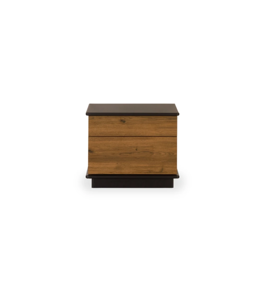 2 drawers, aged oak structure, black lacquered top and footer