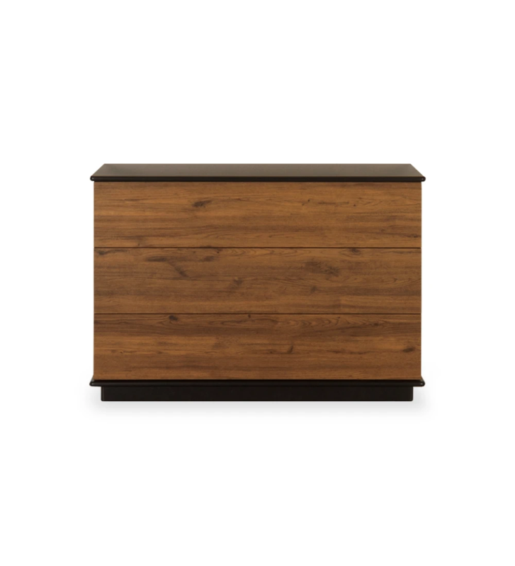 Dresser avec 3 drawers, aged oak structure, black lacquered top and footer.