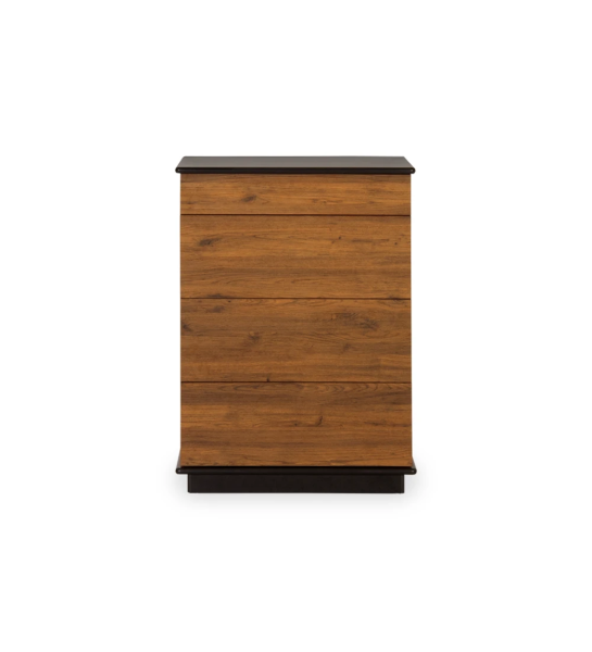 Dresser with 4 drawers and aged oak structure, black lacquered top and baseboard.