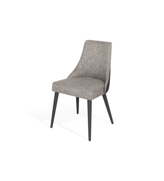 Fabric upholstered chair with black lacquered feet.