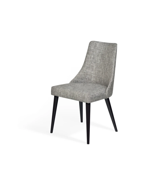 Oslo chair upholstered in gray fabric, black lacquered feet.