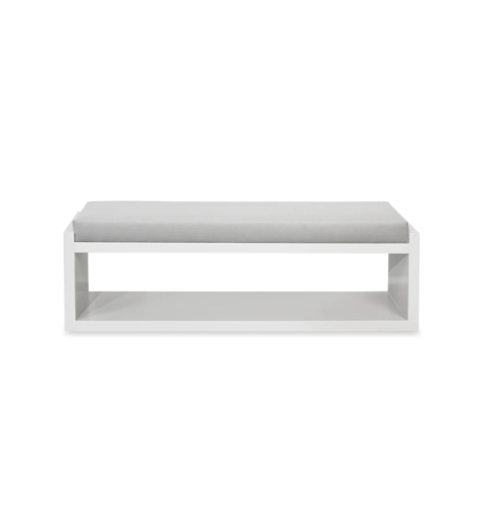 Banqueta com assento estofado a tecido e estrutura lacada a pérola