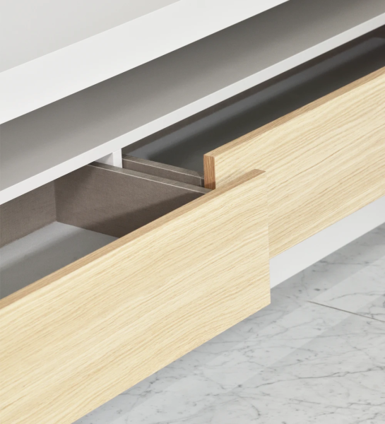 TV Stand with structure and drawer module lacquered in pearl, drawers in natural oak