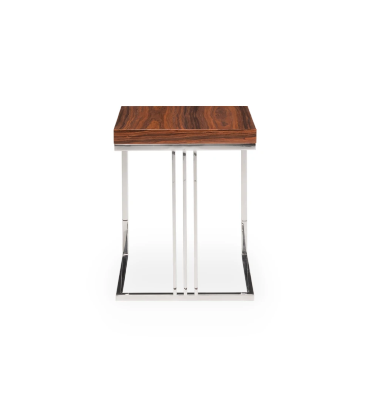 Square side table with high gloss palisander top and stainless steel foot.