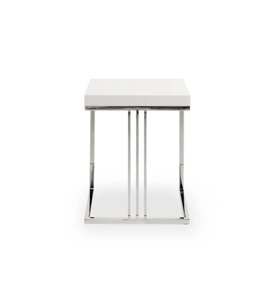 Mesa auxiliar Londres cuadrada, tapa lacada perla, base en acero inoxidable, 40 x 40 cm.