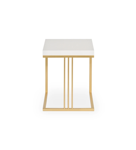 Table d'Appui Londres carrée, plateau laqué perle, pied en métal laqué doré, 40 x 40 cm.