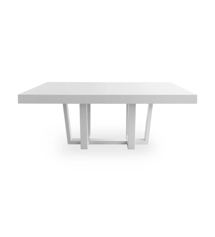 Table de repas rectangulaire avec plateau et pied laqués blancs.