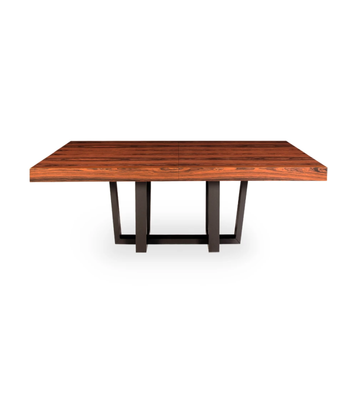 Rectangular extendable dining table with palissander top and black lacquered foot.