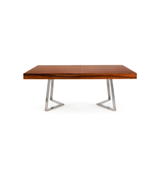 Mesa de jantar extensível retangular com tampo em palissandro alto brilho e pé em inox