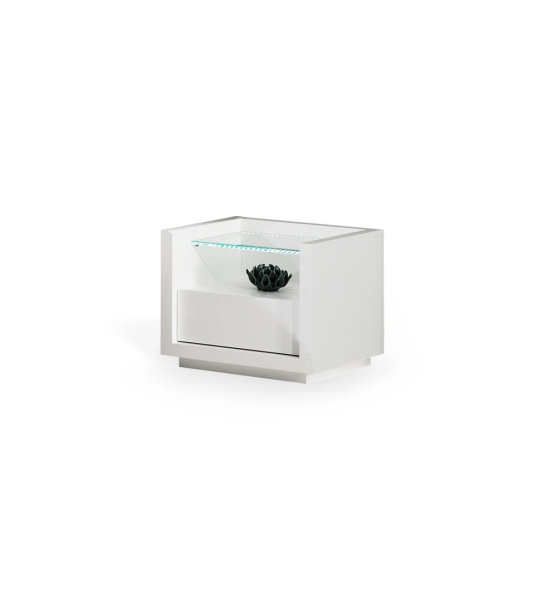 Mesa de cabeceira com 1 gaveta, em lacado branco, com prateleira de vidro