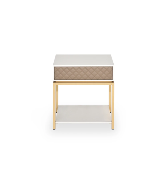 Bedside table with 1 drawer with fabric upholstered front, pearl lacquered frame, with gold lacquered metal foot.