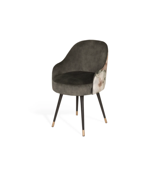 Fabric upholstered swivel chair with black lacquered legs and gold detailing.
