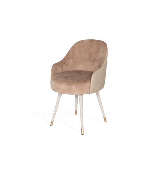 Fabric upholstered swivel chair with pearl lacquered feet and gold detailing.
