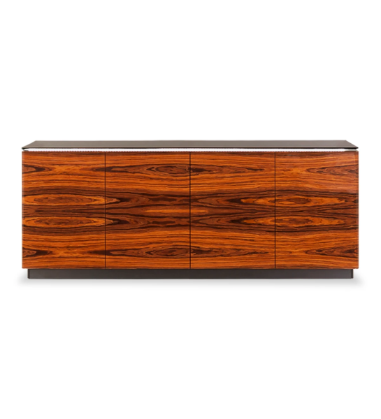 Sideboard with 4 doors in high gloss palissander, with drawer for cutlery, with black glass top, black lacquered structure.