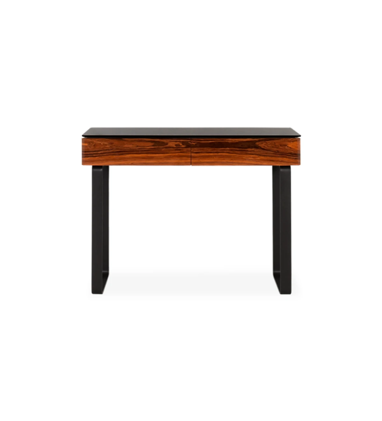 Console with  2 drawers in high gloss palissander, black glass top and black lacquered metal feet.