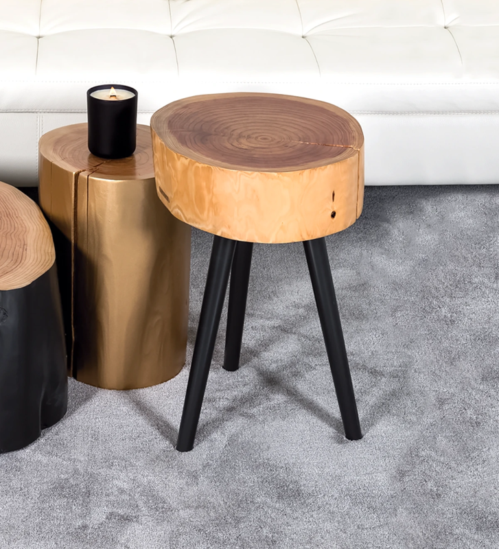 Trunk side table in natural cryptomeria wood, with 3 turned legs lacquered in black.