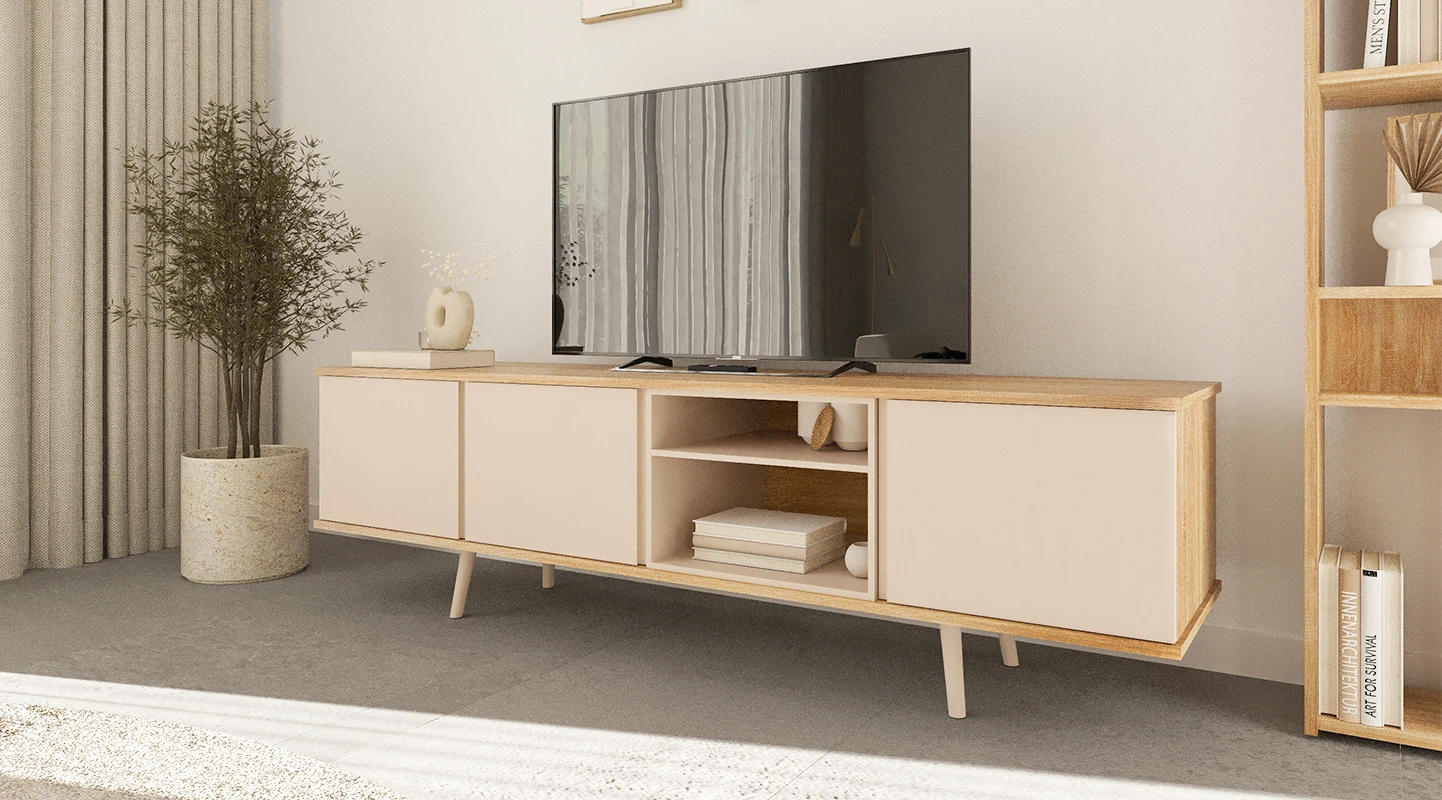 Móvel TV com 3 portas, módulo e pés lacados a pérola, estrutura em carvalho cor natural.