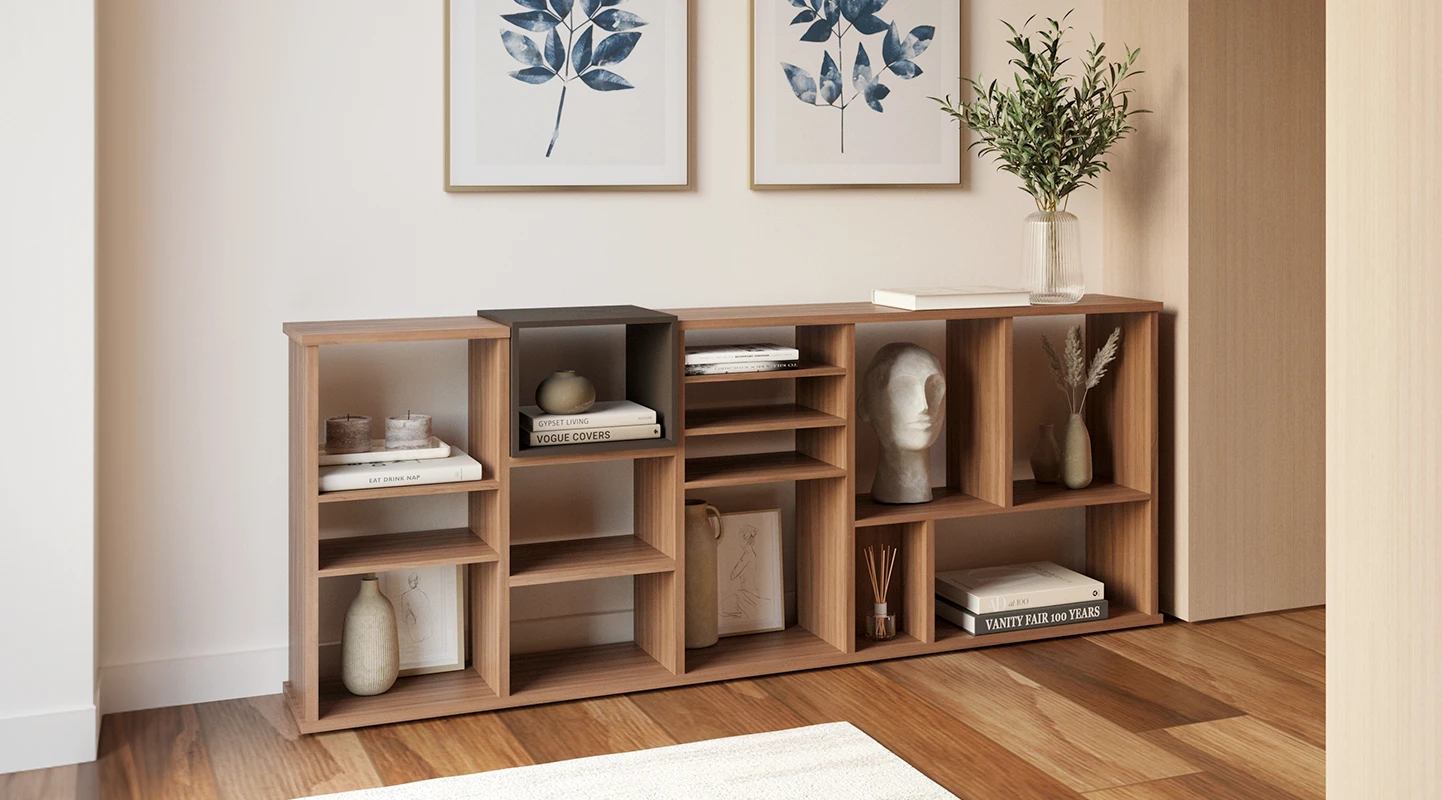 Horizontal bookcase in walnut with a dark brown lacquered module.