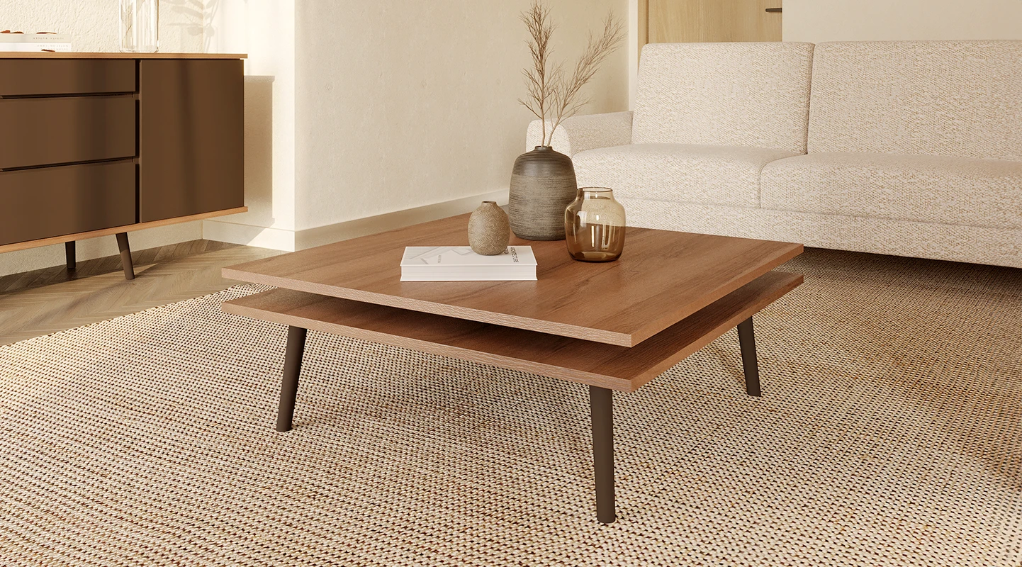 Square Center Table with two walnut tops and dark brown lacquered feet.