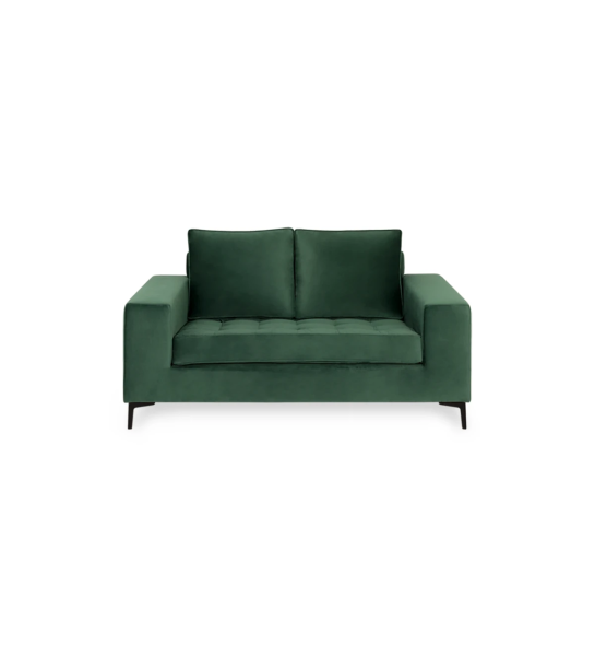 Sofá Barcelona 2 lugares estofado a tecido verde, pés metálicos lacados a negro, 165 cm.