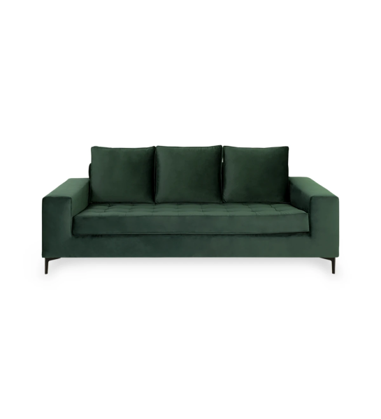 Sofá Barcelona 3 plazas tapizado en tela verde, pies en metal lacado negro, 224 cm.